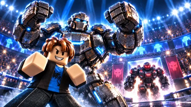 Official Steel Fighters key art: a Roblox avatar in front of a stone robot, with a red robot in an arena entrance.
